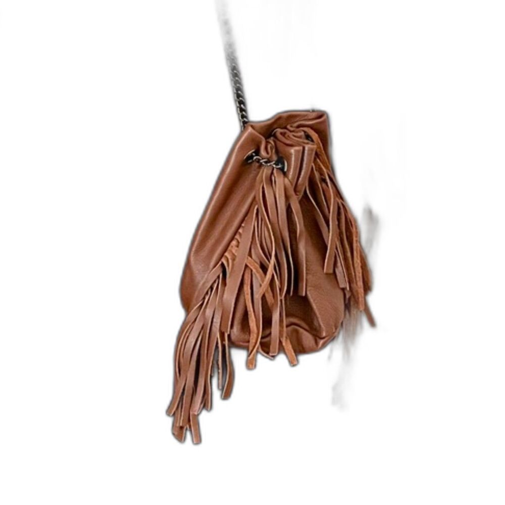 NWOT Made in Italy Brown Mini Bucket Fringed Bag Metal Chain Strap Snap Closure